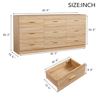 Sunvega Modern Black 9-Drawer Dresser with Golden Handles for Bedroom Storage
