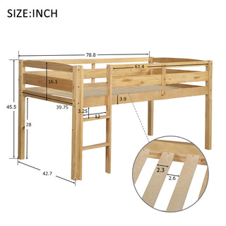 Sunvega Low Twin Wood Loft Bed with Ladder in Walnut for Kids Bedroom