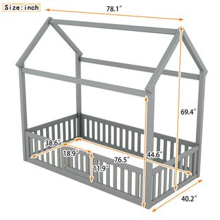 Sunvega Twin Size Wood House Bed with Fence Door and Distressed Washed Design