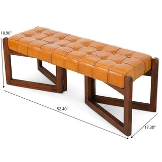 Sunvega Mid-Century Riley Tan Leather Bench with Solid Wood Frame and Tapered Legs