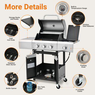 Sunvega Stainless Steel 3 Burner Propane Gas Grill with Side Burner