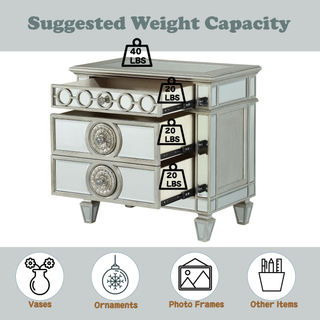 Sunvega Mirrored Nightstand with Geometric Trim and Crystal Knobs for Bedroom