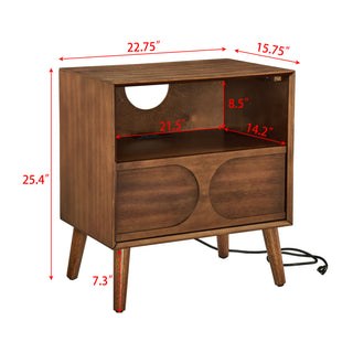 Sunvega Mid Century Modern Fluted Nightstand with USB Ports and Outlet Hole