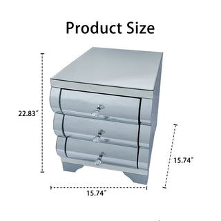 Sunvega Modern Handcraft Mirror Nightstand with 3 Drawers for Bedroom Silver