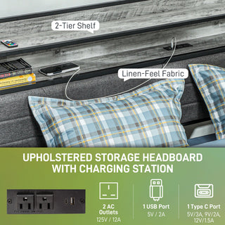 Sunvega Full Size Upholstered Platform Bed Frame with LED Lights and Charging Station