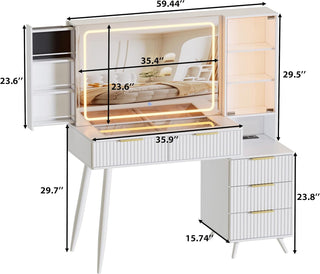 Sunvega Fluted Panel Makeup Vanity Desk with Mirror Lights and 11 Drawers