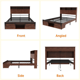 Sunvega Farmhouse Full Size Bed Frame with Storage Headboard, Drawers, Charging Station & LED Lights