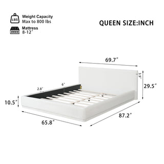 Sunvega Upholstered Bed with Padded Headboard and Wooden Slat Frame in White