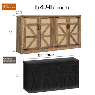 Sunvega 65-Inch Rustic Oak Faux Rattan Sideboard with Four Barn Doors for Living Room
