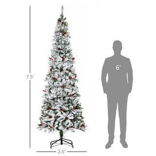 Sunvega Pencil Artificial Xmas Tree with Faux Snow Flocked Full Branch Tips Flame-retardant