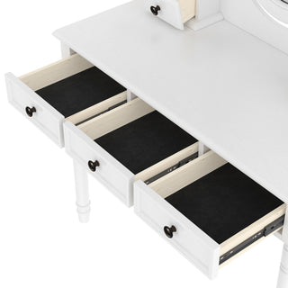 Sunvega Vintage Vanity Desk with Adjustable Mirror, 5 Velvet Drawers, and Cushioned Stool