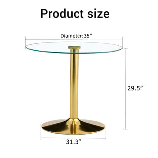 Sunvega Modern Round Tempered Glass Dining Table with Gold Metal Legs for 4-6
