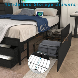 Sunvega Full Size Storage Bed Frame with LED Headboard Charging Station and 8 Drawers