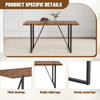 Sunvega Minimalist Retro Rectangular Dining Table with Dark Wood Textured Tabletop and Black Metal Legs