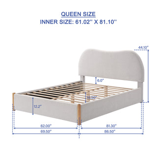 Sunvega Ivory Linen Upholstered Curved Headboard Solid Wood Frame Bed