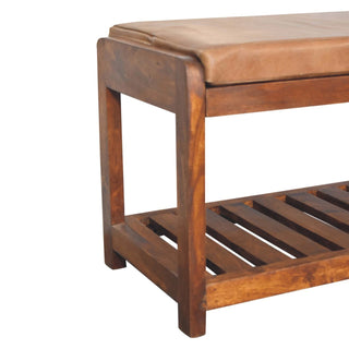 Sunvega Solid Mango Wood Buffalo Leather Upholstered Bench with Slatted Shelf