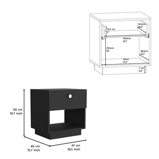 Sunvega Black Single Drawer Nightstand with Open Storage Shelf and Large Top Surface