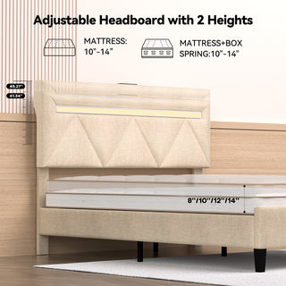 Sunvega Full Bed Frame with Headboard Upholstered Platform Charging Station LED Lights
