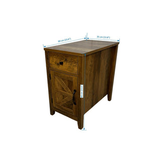 Sunvega Farmhouse End Table with Charging Station, Barn Door, and Drawer for Bedroom
