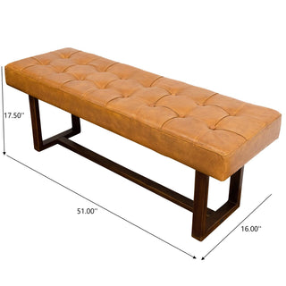 Sunvega Mid-Century Modern Tan Leather Bench with Solid Wood Frame for Living Room