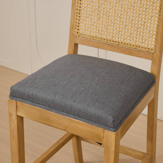 Sunvega Full Solid Wood Rattan-Back Bar Stool with Matte Linen Cushion for Kitchen Island
