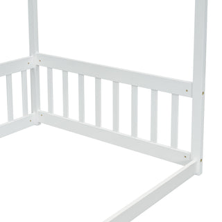 Sunvega Twin Size Canopy Frame Floor Bed with Guardrails and Natural Wood