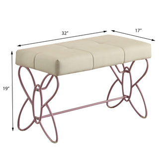 Sunvega White and Light Pink Tufted Bench with Butterfly Design and Padded Seat