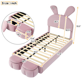 Sunvega Pink Twin Size Cartoon Ears Shaped Upholstered Platform Bed with Light
