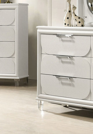 Sunvega Contemporary Glam Pearl White Nightstand with Embossed Panels and Acrylic Handles