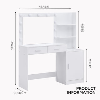 Sunvega Black 46.4 Inch Vanity Desk with Mirror Lights and Large Drawers