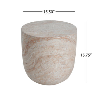Sunvega Lightweight Concrete Barrel Side Table with Travertine Finish for Indoor Outdoor