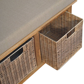Sunvega Solid Mango Wood Linen Bench with 2 Removable Rattan Storage Baskets