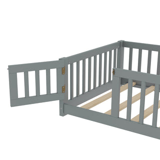 Sunvega Twin Size Floor Bed with Safety Guardrails and Door for Kids in Natural