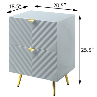 Sunvega Grey High Gloss Modern Nightstand with Two Drawers and Gold Finish