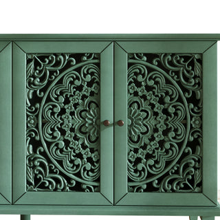 Sunvega Antique Green Buffet Cabinet with Floral Carvings and Solid Wood Legs for Living Room