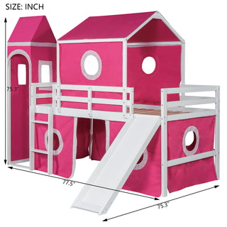 Sunvega Sturdy Pink Twin Size Loft Bed with Slide Tower and Playhouse Design