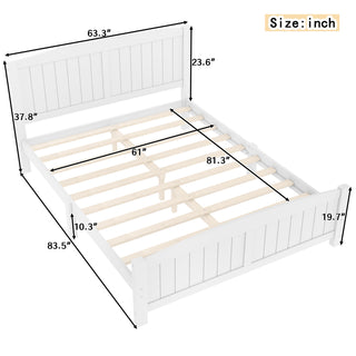 Sunvega White Solid Wood Queen Platform Bed with Slats No Box Spring Needed