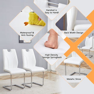 Sunvega White PU Dining Chair Set with Silver Metal Legs and High Resilience Sponge Filling