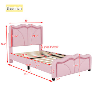 Sunvega Pink Twin Size Upholstered Bed with Height-Adjustable Headboard and LED Light Strips