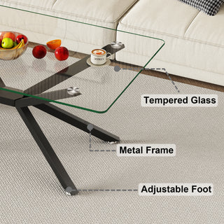 Sunvega Modern 39.37" Rectangular Clear Tempered Glass Coffee Table with Black Metal Legs