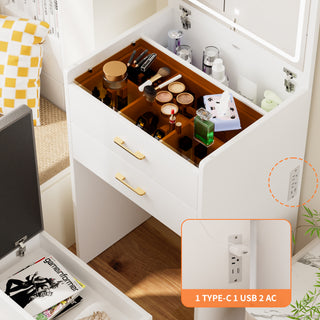 Sunvega White Glass Top Vanity Desk with 10 Drawers and Lighted Mirror
