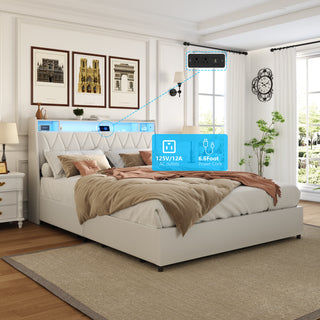 Sunvega Queen Bed Frame with Ergonomic Headboard Outlets Charger LED Light Storage