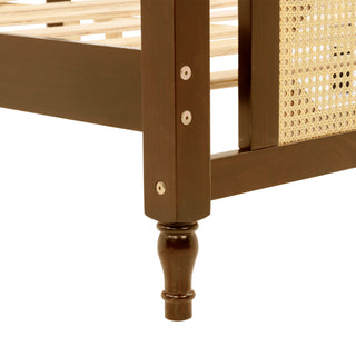 Sunvega Queen Pine Wooden Bed with Rattan Headboard and Footboard for Bedroom