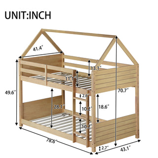 Sunvega Twin Over Twin House Floor Bunk Bed with Headboards Footboards Guardrails and Ladder