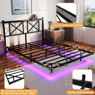 Sunvega Queen Size Floating Bed Frame with Headboard Storage USB Charging and RGB LED Lights