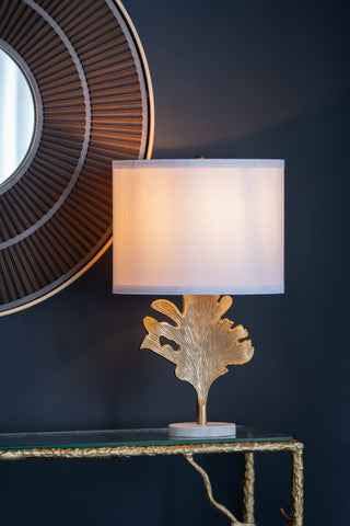 Sunvega Gold and White Leaf Design Table Lamp with Marble Base and Fabric Shade