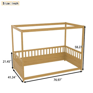 Sunvega Kids Twin Size Floor Canopy Bed with Guardrails and Four Poster Design