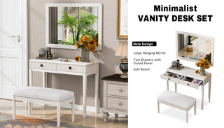 Sunvega Modern Vanity Desk with Mirror and Stool, White Makeup Table with Two Large Drawers