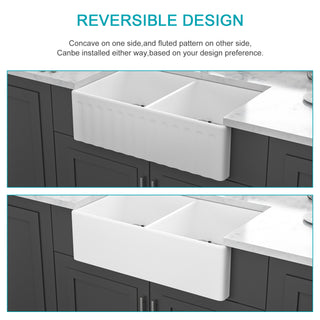 Sunvega 33 Inch White Porcelain Ceramic Farmhouse Kitchen Sink Workstation with Reversible Apron