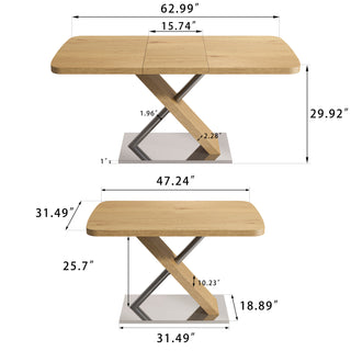Sunvega Natural Retractable Dining Table with Cross Metal Base Seating 4-6 People